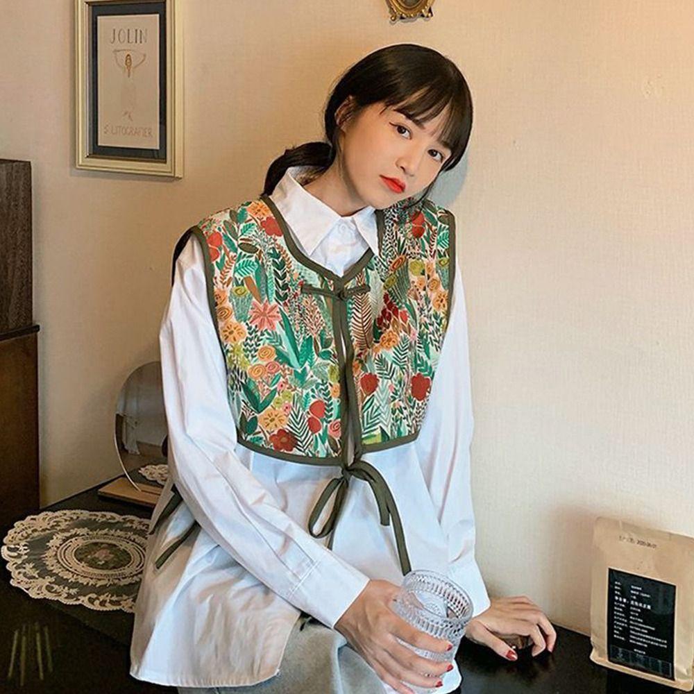 Vintage Fake Collar Capelet Floral Printed Lace Up Waistcoat  Clothing Accessories