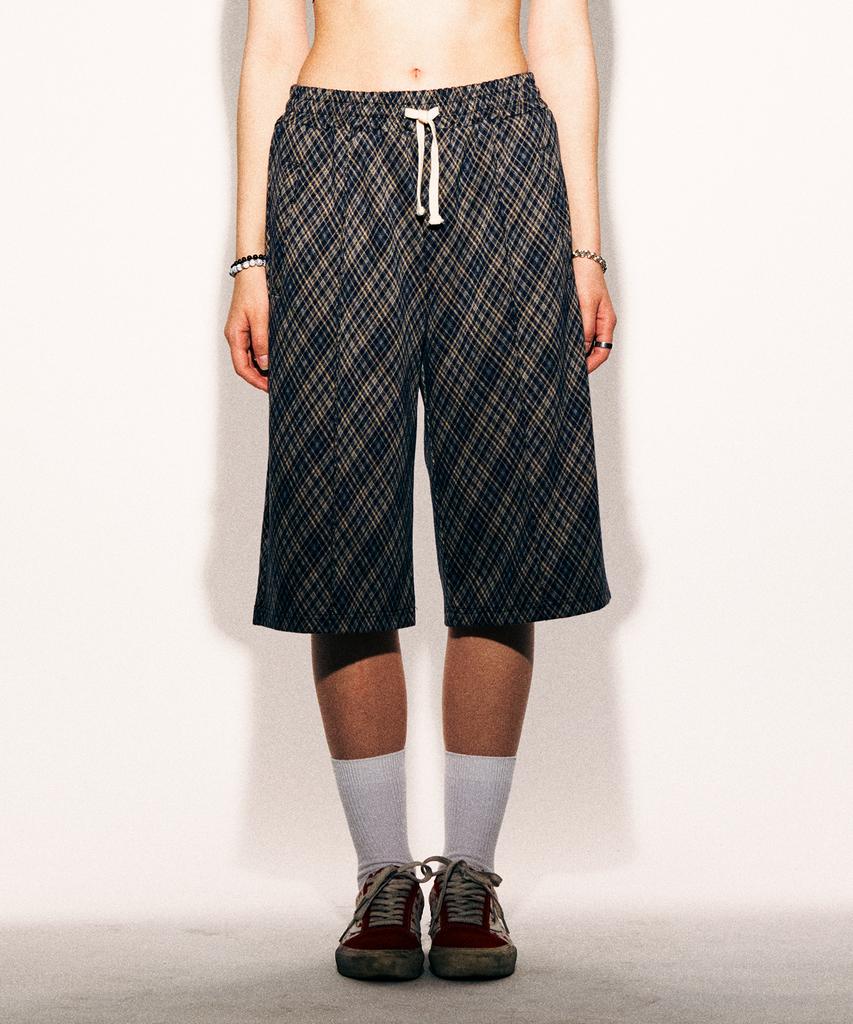 TONSIL Vintage Check Elastic Waist Bermuda Pants Navy