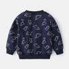 Casual long-sleeved children's sweater, dinosaur stick figure cartoon non-hooded jumper, blue and gray cute boys sweater