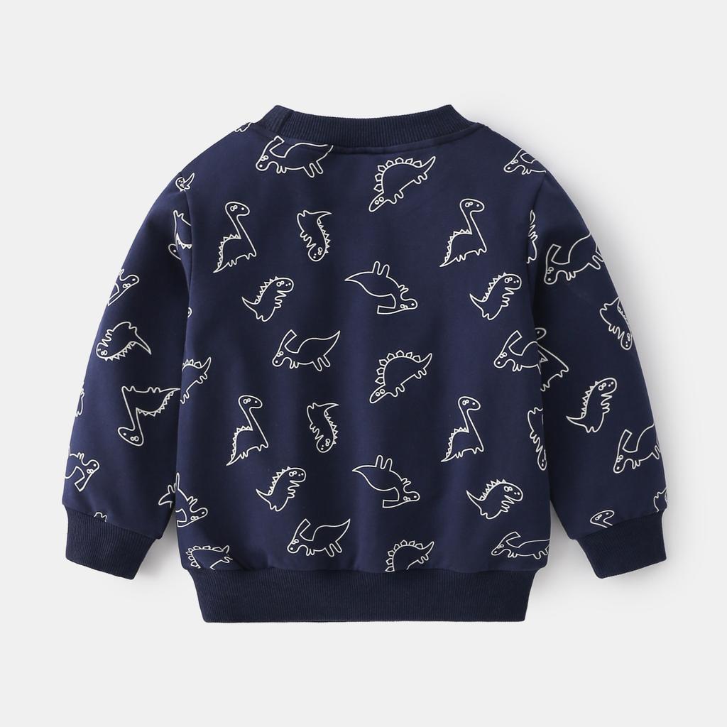 Casual long-sleeved children's sweater, dinosaur stick figure cartoon non-hooded jumper, blue and gray cute boys sweater