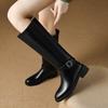 Krazing Pot Cow Skin Autumn Winter Shoes Riding Boots Round Toe Keep Warm Metal Square Buckle Med Heels Thigh High Boots