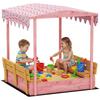 Wooden Sandbox With Lid Flamingos Print Canopy Kids Outdoor Sand Pit With Foldable Bench Seats Bottom Liner Pink
