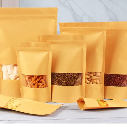 Itisyou Airtight Food Storage Bags, Zip-Up Bags, Freestanding Bags for Snacks, Kraft Paper Bags with Window, Kraft Paper Bags, 9 x 14cm, Pack of 100