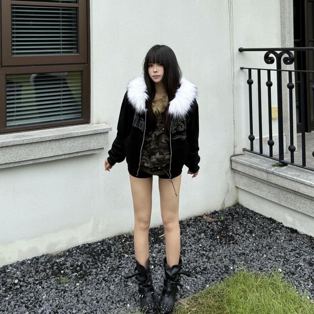 VAYLA Уличные худи с вышивкой букв и меховым воротником с капюшоном для женщин Новые осенне-зимние свободные повседневные универсальные толстовки-кардиганы на молнии