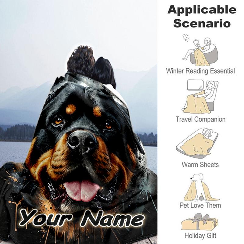 1PC Custom Name Rottweiler Strength Loyalty flannel blanket versatile,all-season throw suitable for the living room,bedroom,camping,travel,and gift