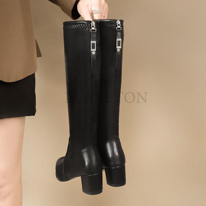 Остроконечные высокие каблуки женские длинные сапоги длиной до колена толстый каблук плюшевая изоляция удобная подкладка облегающие длинные рыцарские сапоги