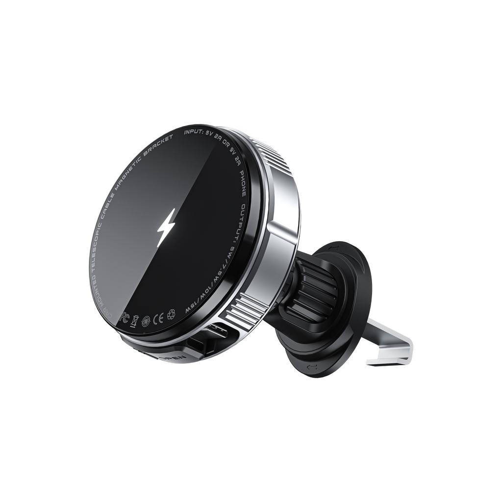 Magnetic Car Wireless Charger Vent Mount for iPhone, Retractable Cable Fast Charging 15W MagSafe Compatible Phone Holder with Strong Magnet