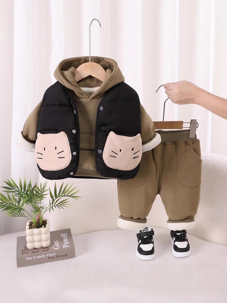 2025 Детский хлопковый трехпредметный комплект на флисовой подкладке – Модный зимний жилет и наряд для мальчиков