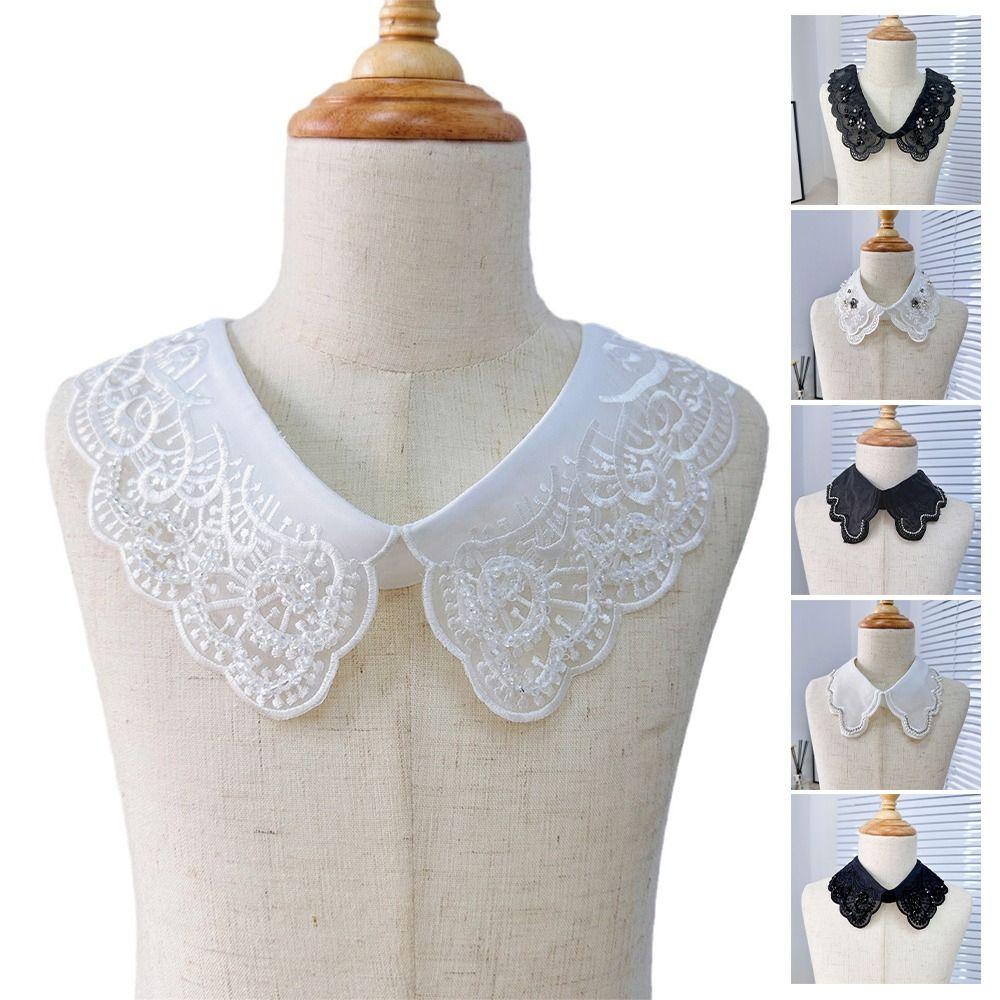 Imitation Pearl Fake Collar Versatile Lace Up Shawl Insignia Women's Lace Collar White Studded Mesh Shirt Collar Accessory Women