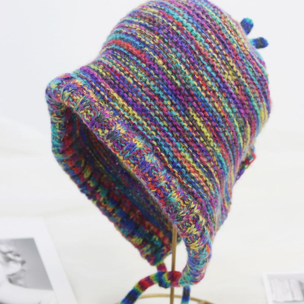 Autumn and Winter Wool Hat Women's Contrasting Color Splicing Shows the Face, Small Knitted Hat Strap, Warm Ear Protection, Headgear, Tide Niche