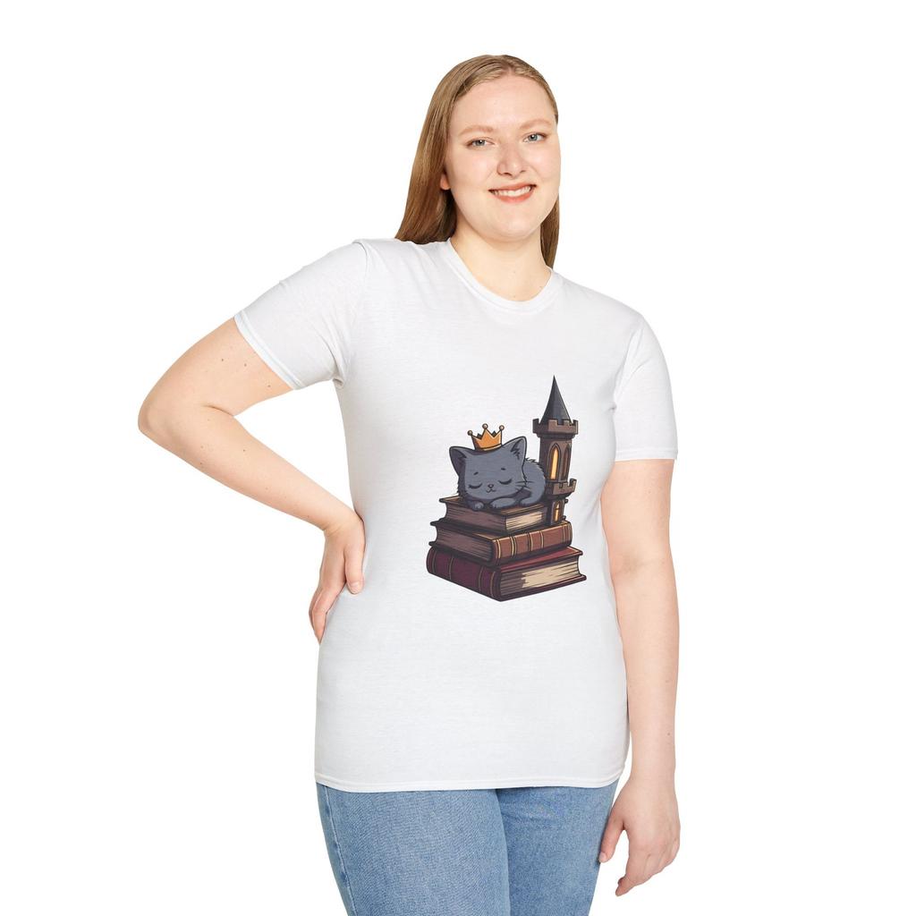 Cozy Fantasy Gray Cat Crown Books Castle Tower Unisex Softstyle T-Shirt