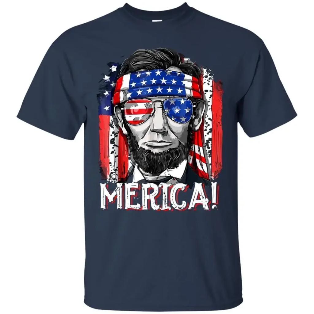 4th of July American Flag Abe Lincoln Murica TShirt 100 Cotton ONeck Summer Short Sleeve Casual Mens Tshirt Size S3XL