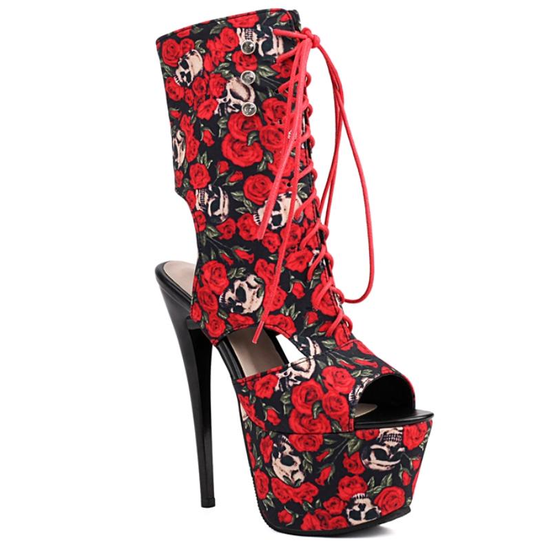 Platform Ankle Boots for Women 2025 Summer Peep Toe Flower Short Dance Boot Lace-up High Heel Party Fetish Shoe Lady Big Size 45