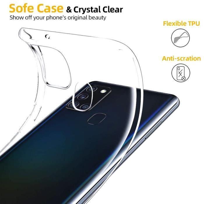 Coque silicone gel UltraSlim - TRANSPARENT - Samsung Galaxy A21S - 2x Films verre trempé - NOIR