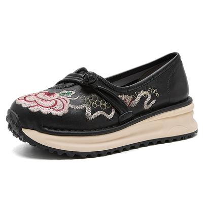 Модные кроссовки на платформе GKTINOO Женская обувь из натуральной кожи Вышивка Круглый носок Шнуровка Толстая подошва Плоская подошва Женская обувь Ручная работа