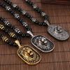 Men's Cool Lion Head Pendant Necklace with 71cm Long Black Glass Beads Chain Gothic Stainless Steel On Neck Jewelry Accessory