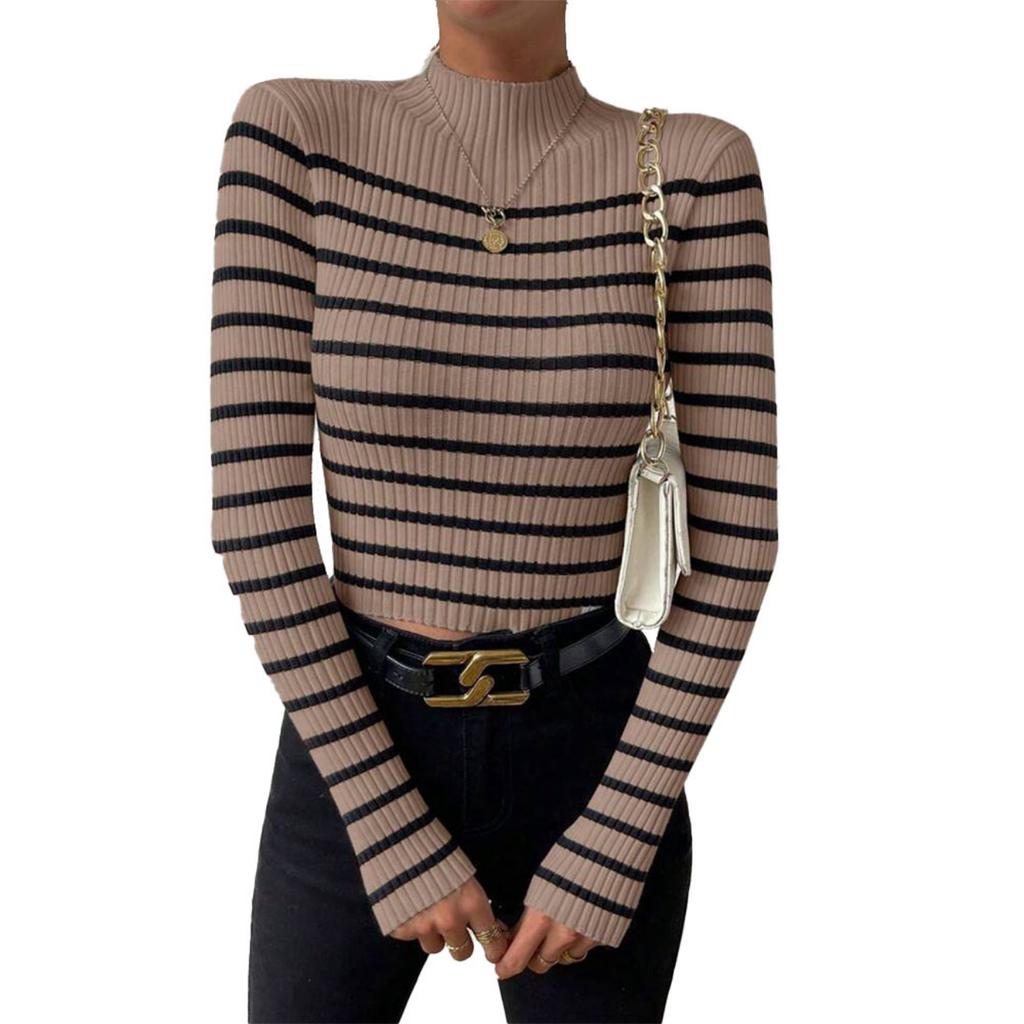 Узкий свитер с воротником-стойкой в полоску, стильный свитер с длинными рукавами и резинкой для осени и зимы, женская одежда