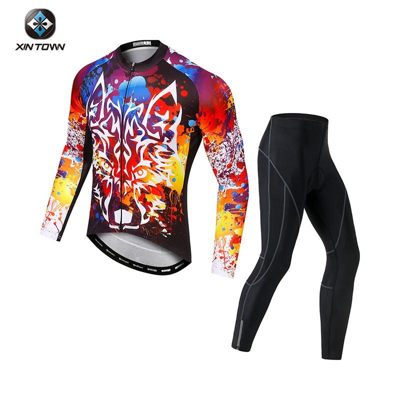 XINTOWN Mens Cycling Long Jersey Set - Mountain Bike Road Bicycle Riding Suit