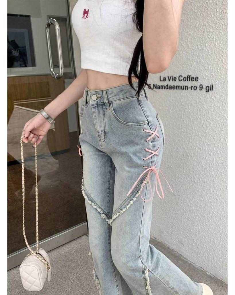 Women's 2024 Split Flare Jeans with Strap Design - American Style, Spring & Fall Casuals