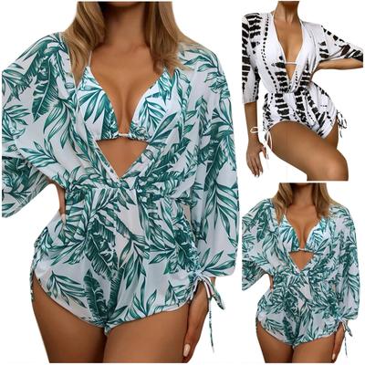 Женский модный комплект пляжного платья с разрезом в бикини и принтом (3 комплекта с накладками на грудь без стального бюстгальтера)