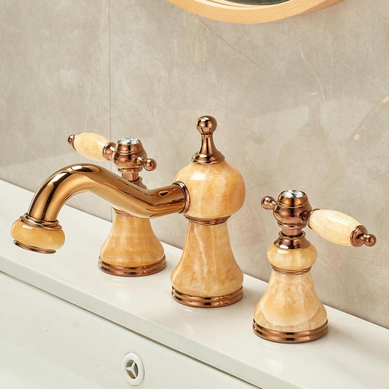 Смеситель для раковины из золотой латуни и нефрита, смеситель для раковины с тремя отверстиями, широко расставленный смеситель для раковины, двухрычажный кран для горячей и холодной воды, новое поступление