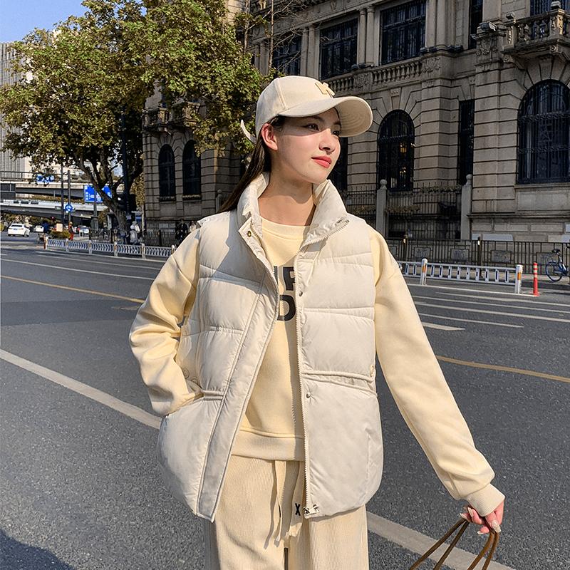 Women Autumn Winter Stand Collar Solid Color Sleeveless Big Pocket Coat Warm Short Cotton Vest