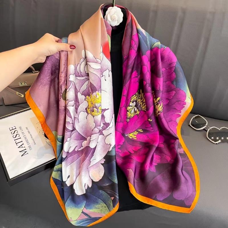 Women S Printed Silk Like Large Square Scarf Fashion Decorative Sun Protection Shawl