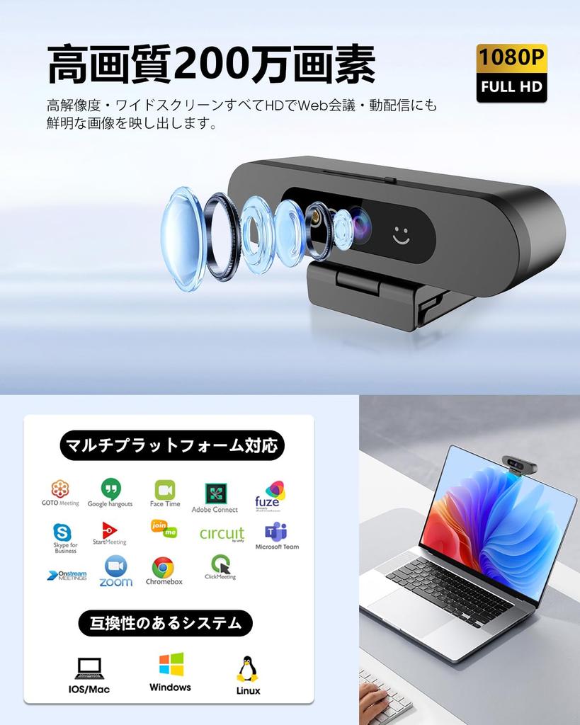 Веб-камера 1080P Микрофон Совместимость с распознаванием лица Windows Hello Автофокус HD-камера 2 мегапикселя Широкий угол Широкая совместимость Совместима для