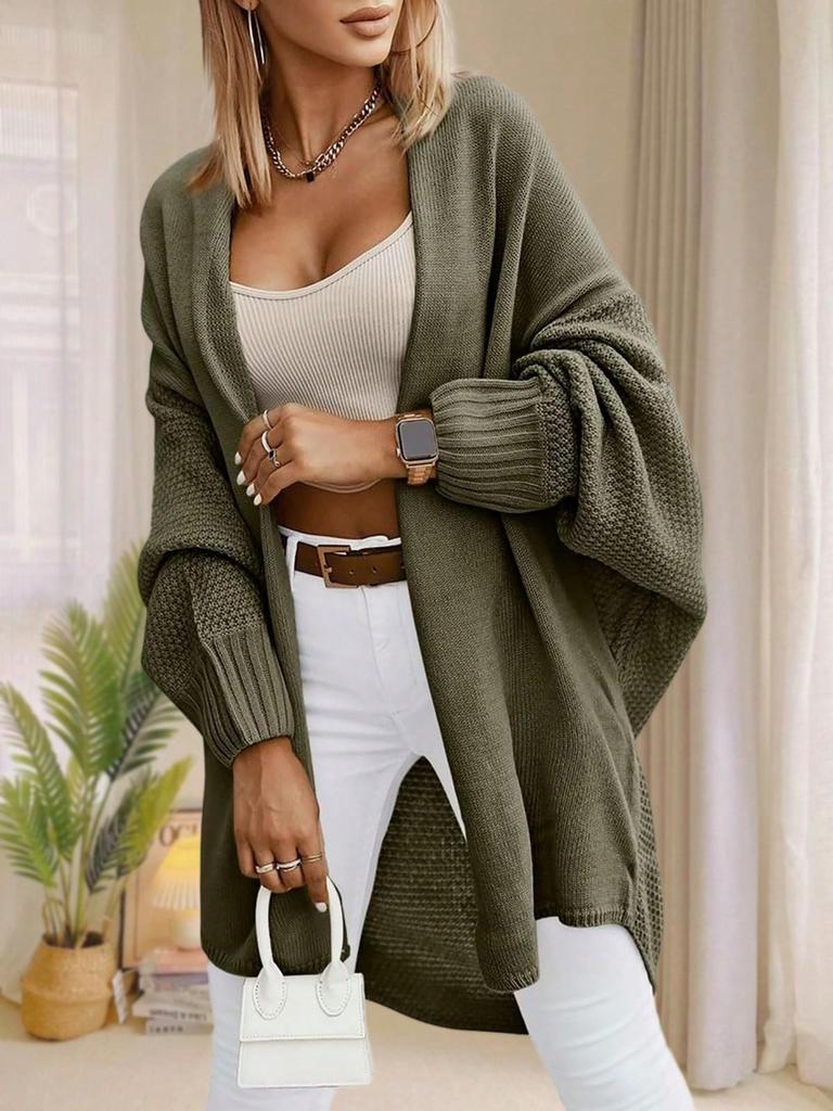 Женский oversized длинный кардиган-свитер с открытой передней частью, рукава летучая мышь, осенний трикотаж