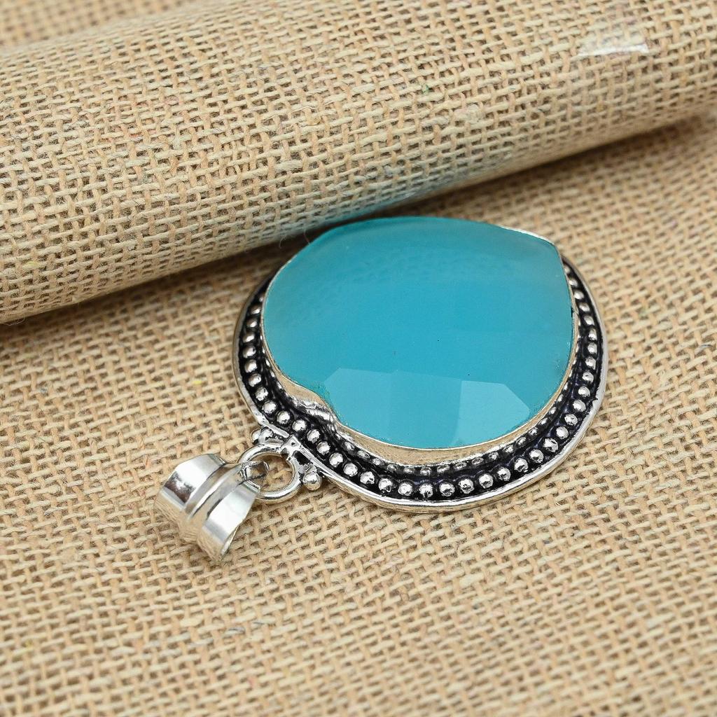 Ограненный синий халцедон 925 Твердый серебряный ювелирный дизайнерский кулон ручной работы для подарка