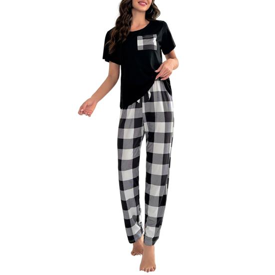 Женский комплект из 2 предметов: топ и брюки, летняя пижама, клетчатые брюки, круглый вырез, короткий рукав, футболка, домашняя одежда, повседневная одежда