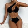 Sexy One Shoulder Swimwear Women Black Hollow Out Metal Ring Knitted Patchwork Two Piece Bikini Set Holiday Bathing Suits
