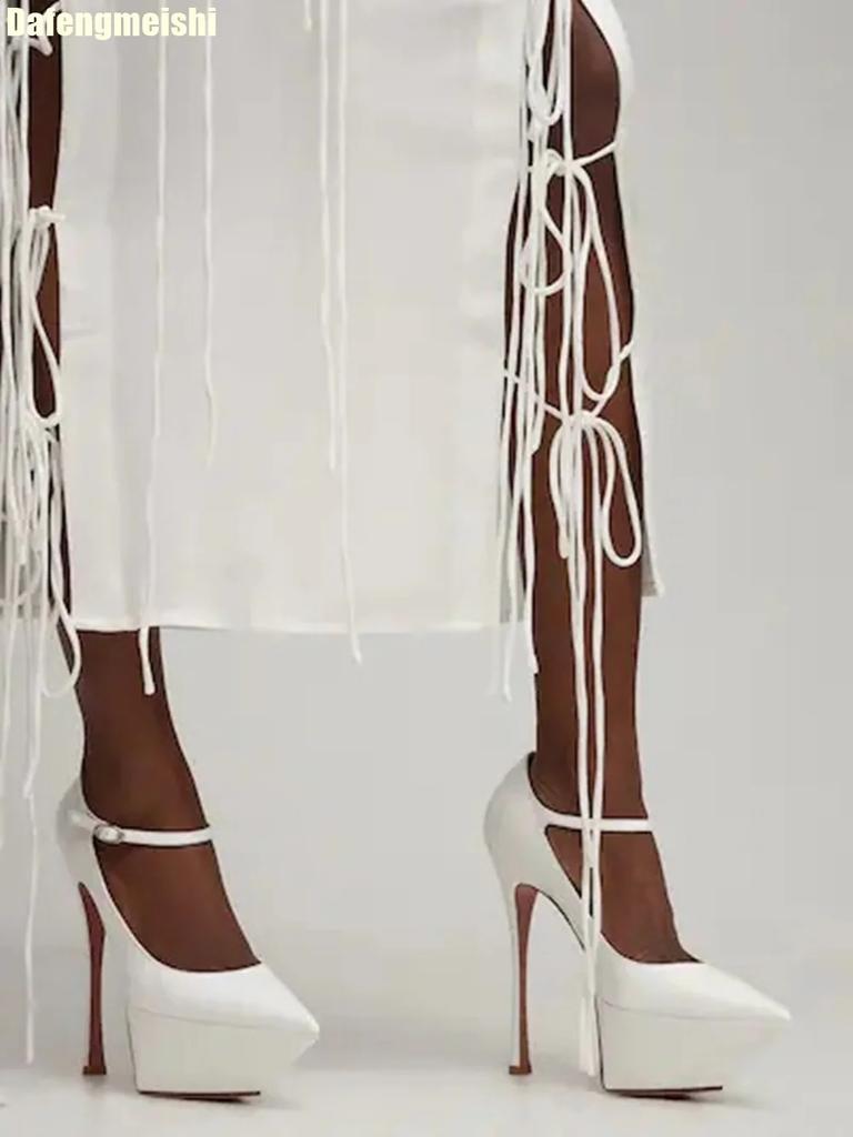 Женские однотонные кожаные туфли на платформе и высоком каблуке с острым носком, босоножки на очень высоком тонком каблуке, с ремешком на щиколотке и пряжкой, неглубокие сексуальные туфли-лодочки