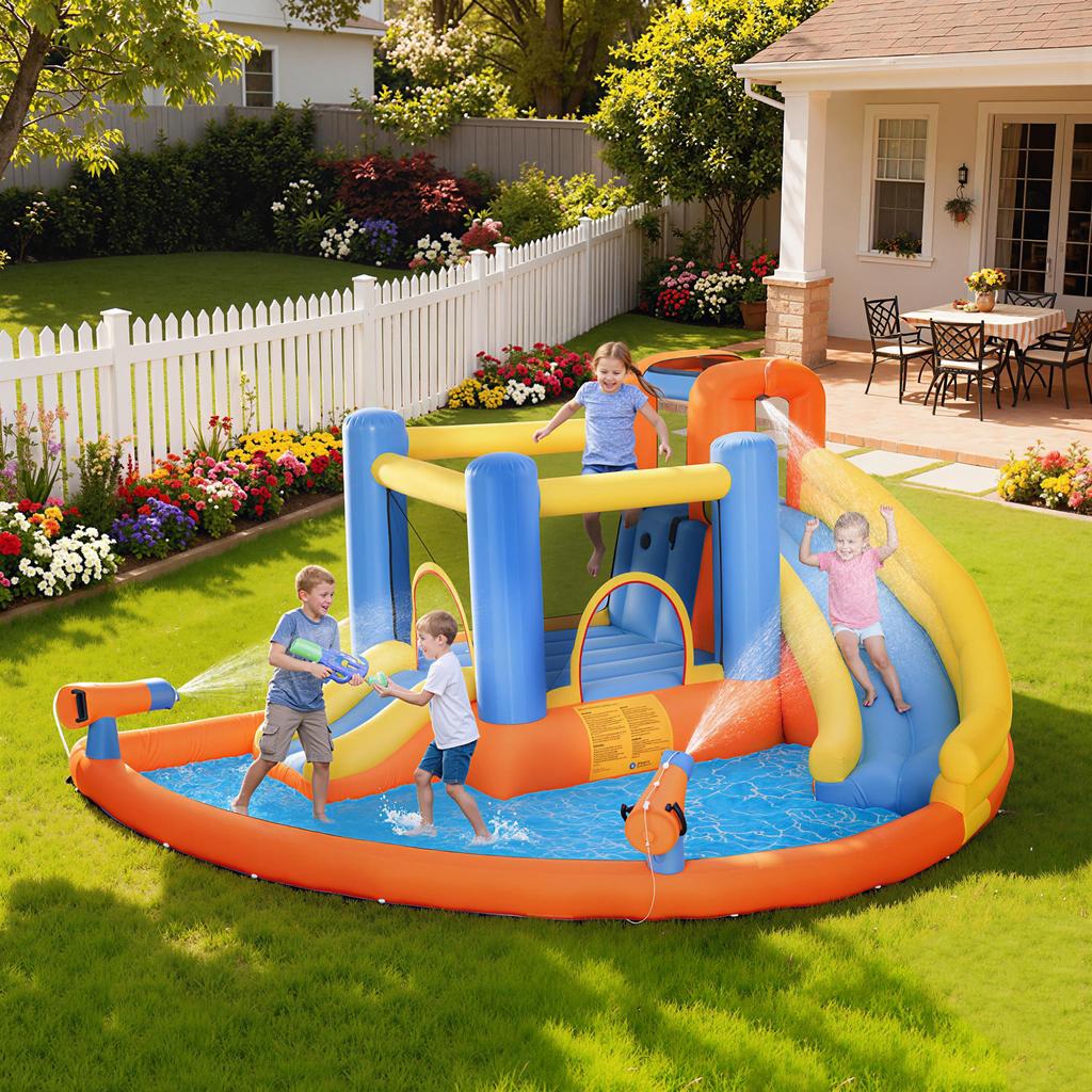 5 in 1 Bouncy Castle for Children, Inflatable Bounce House with Dual Slides, Pool, Climbing Wall, Water Cannons, Blower