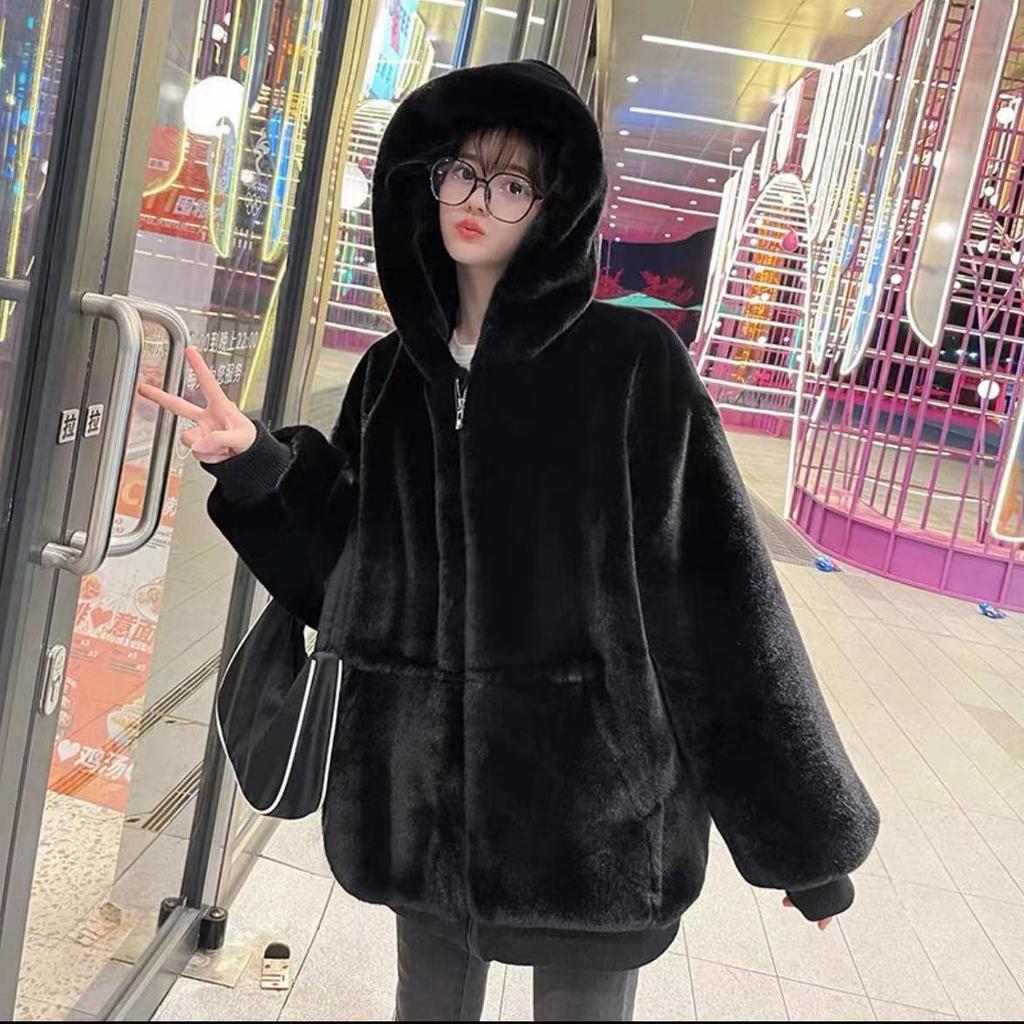 Korean Imitation Rex Rabbit Fur Coats Female Winter Warm Long Thickened Hooded Lamb Wool Cashmere Coat