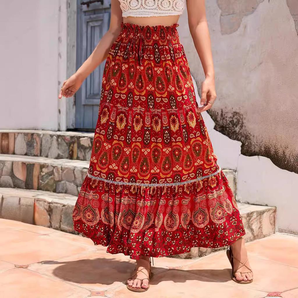Women's Elastic Waist Maxi Skirt Loose Fit Boho Printed Long Skirt Tiered RAYON 100% Beach Vacation Flowy Midi Skirt