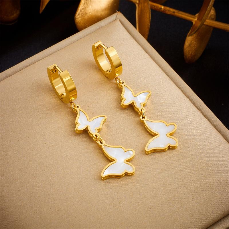 Gold Mother of Pearl Butterfly Drop Hoop Earrings