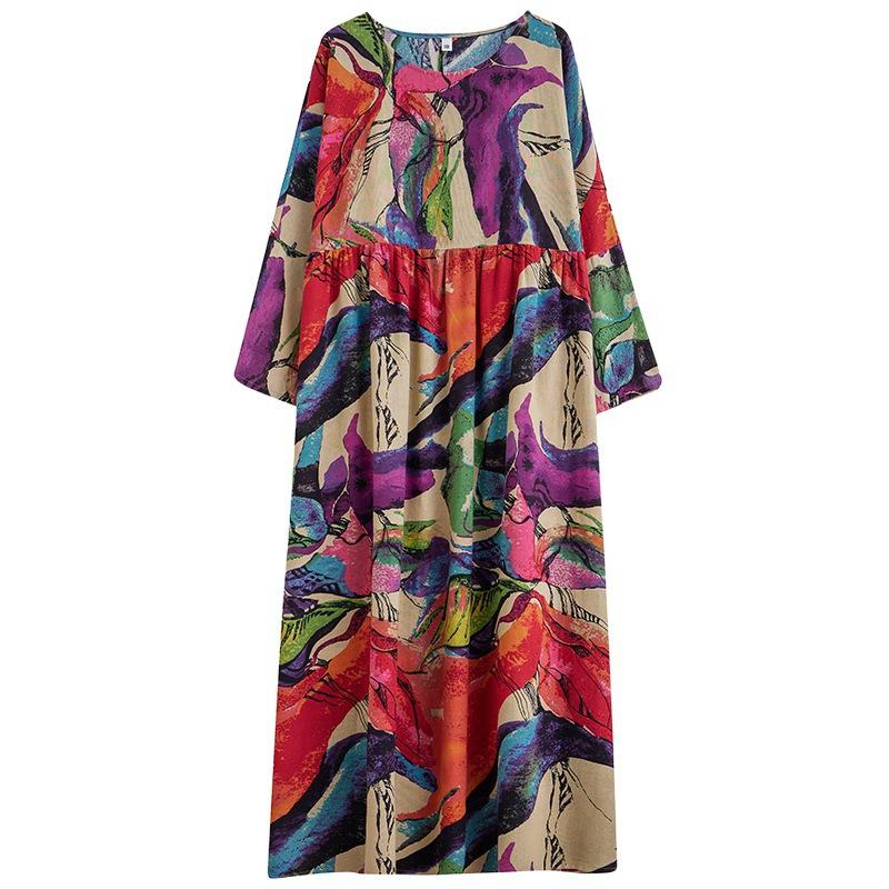 Осеннее плотное хлопковое конопляное набивное свободное платье большого размера Fat MM с длинным рукавом для женщин