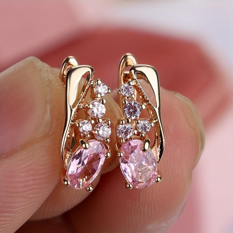 New Light Luxury Temperament Pink Inlaid Zirconia Oval Drop Earrings, Fashion Ladies Engagement Party Zircon Accessories