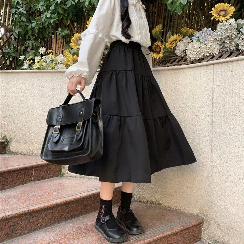 Black Long Skirts Women White Midi Skirt Autumn Soft Girl Preppy Style