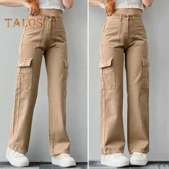 Женские брюки-карго со средней посадкой, застегивающиеся на молнию на талии, повседневные брюки с множеством карманов, прямые, свободные, однотонные длинные брюки