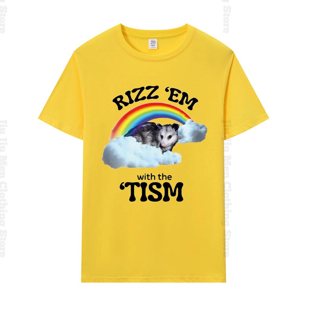 Зафлиртуй с ними с футболкой Rizz Em With The Tism, футболка с забавным мемом про аутизм и опоссума, футболка в подарок при аутизме, нейтральная повседневная футболка с круглым вырезом, очень большая