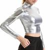 Женский клубный топ с высоким воротником и глянцевой поверхностью, однотонный пуловер с открытой талией, мягкий дышащий женский укороченный топ для танцев на пилоне для вечеринок