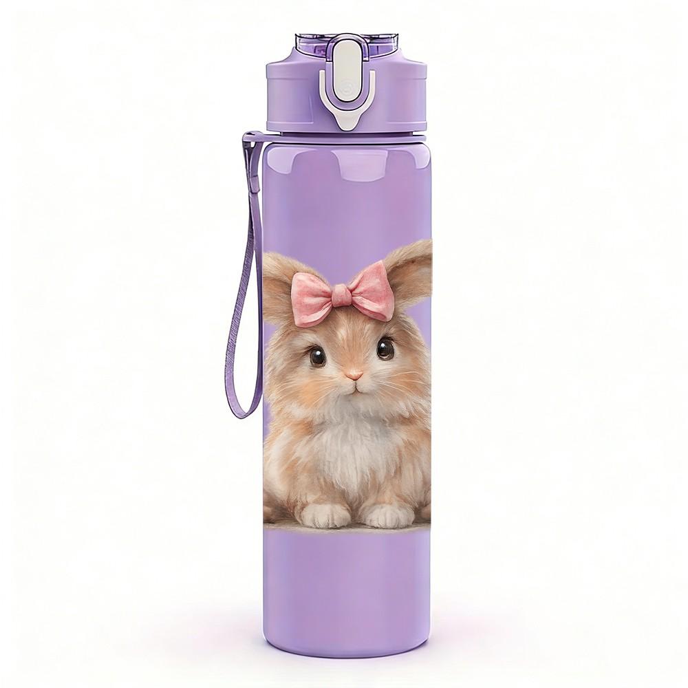 1PC Bow Ear Brown Bunny Animal Print 750ml Color Plastic Sports Water Bottle Leakproof Flip Straw Lid Suitable for Sports Office Home Use