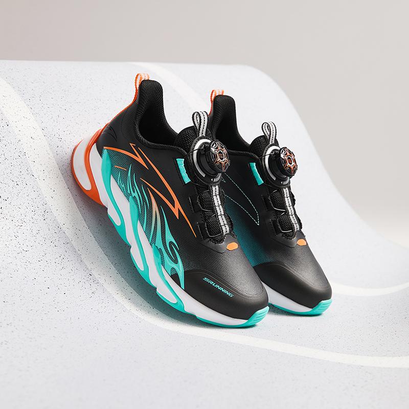 Anta Kids Synthetic Leather Comfortable Physical Test Lightweight Shock Absorption Low Top Running Shoes Kids Running Shoes Black Green A12435524N-1