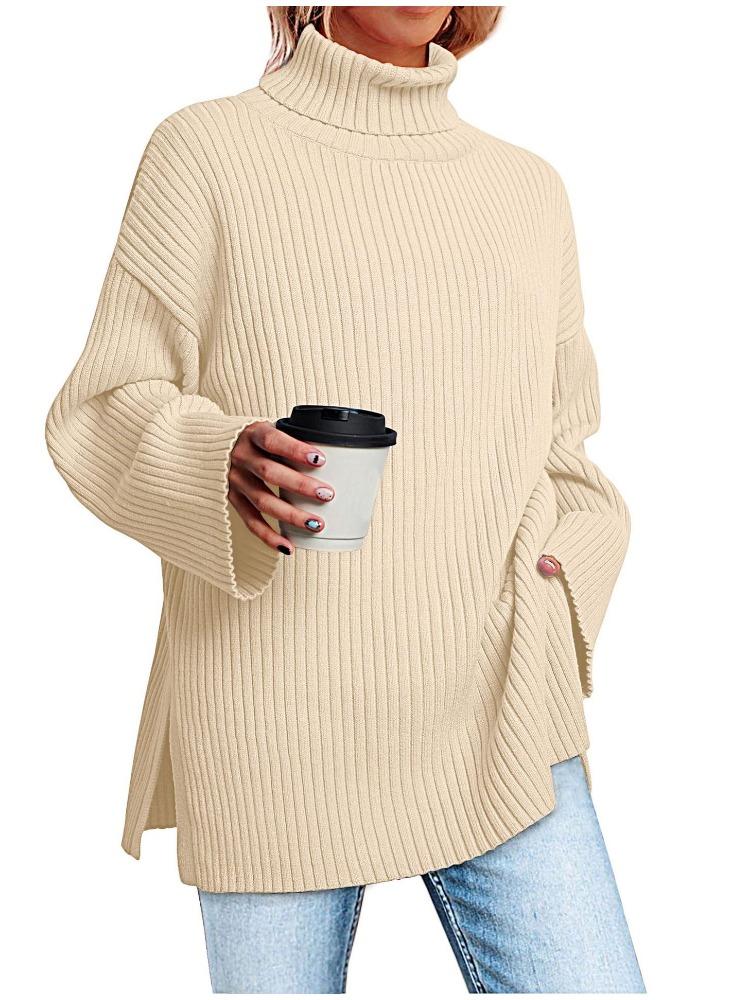 Осень Зима Водолазка Оверсайз Свитер Женский Разрез Длинный Рукав В рубчик Роскошный Расслабленный крой Стройнящий Универсальный Топ