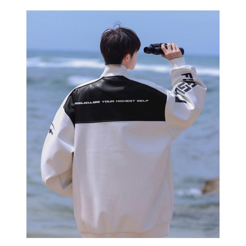 Autumn American Color Blocked Motorcycle Suit Leather Jacket Men's Trendy Spring and Autumn Versatile Loose and Handsome Jacket