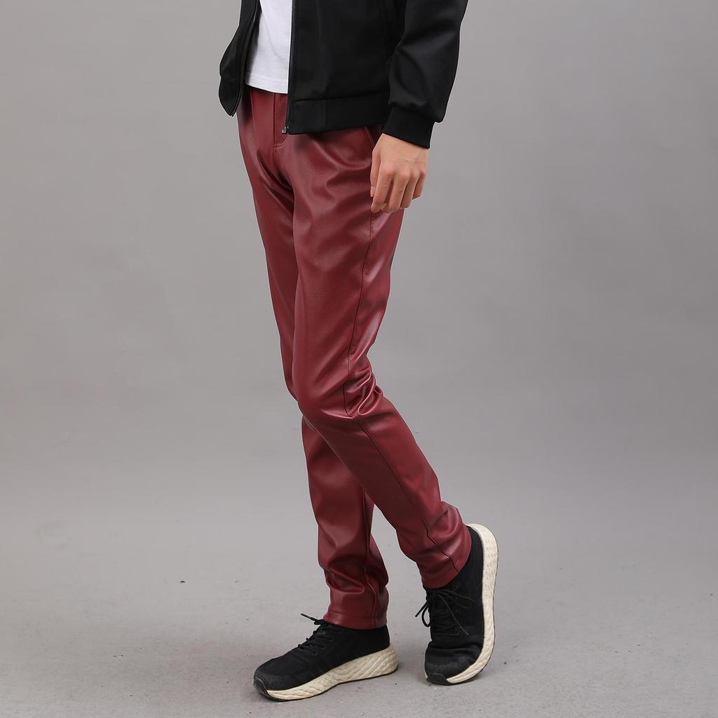 Men's Korean Style Slim Fit Motorcycle Leather Pants - Fleece-Lined, Skinny, Elastic, Spring/Autumn Trend