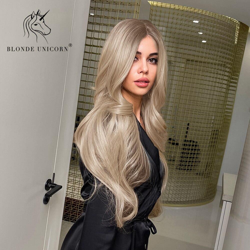 BLONDE UNICORN Синтетический длинный волнистый парик с кружевной частью, коричневый корень, Ombre, светлые волосы, парики для черно-белых женщин, повседневные волосы