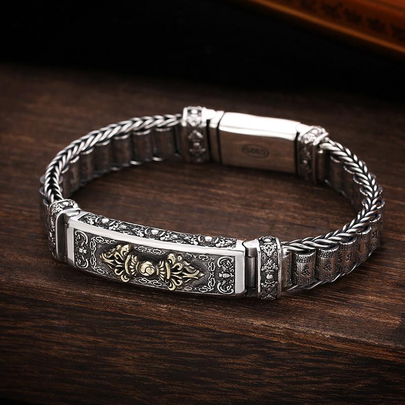 New Silver Bracelet Men's Personality Style Retro Creative Hand-woven Six-character Mantra Barrel Bead Chain for Boyfriend Gift